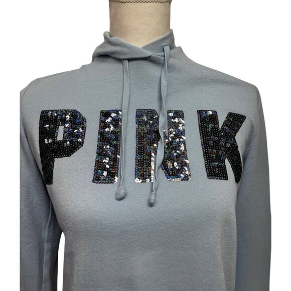 Victorias Secret Pink Womens Blue Sequin Crop Sweatshirt Hoodie Small Relaxed - Picture 5 of 9